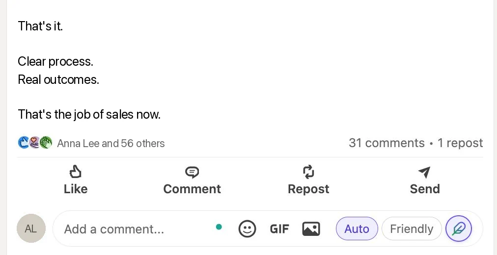 LinkedIn comment box with the Fezerli tone chips next to the emoji and GIF buttons