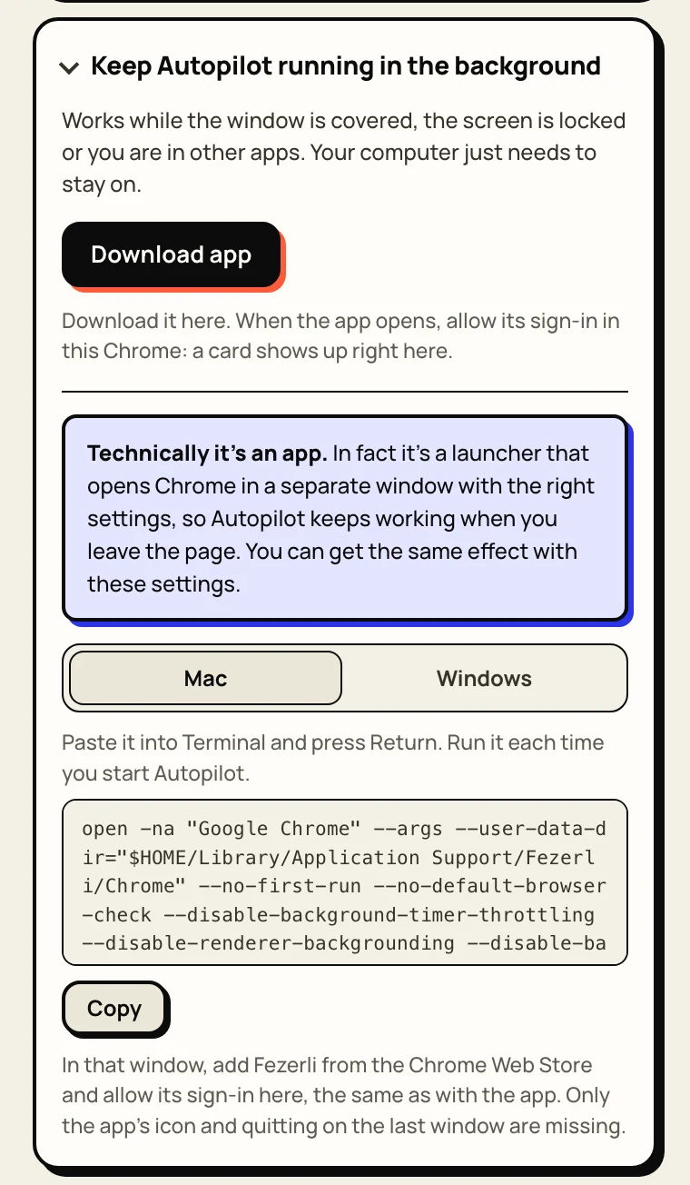 The Keep Autopilot running in the background card with the Download app button and the manual Chrome settings