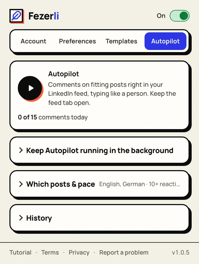 Autopilot tab with the play button and today's comment count