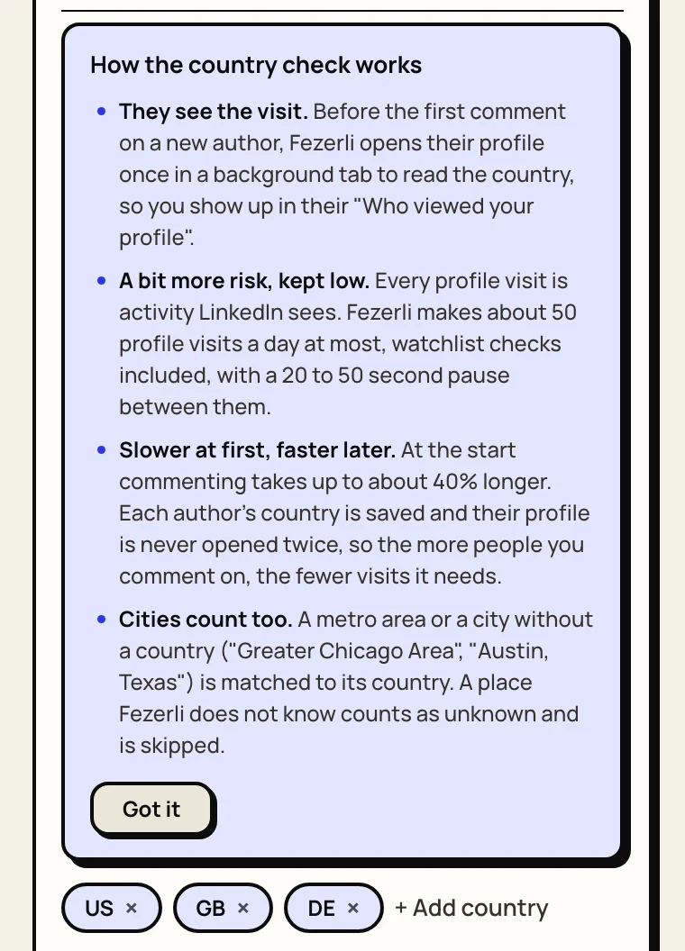 Country filter switch with an explanation of the profile check and three chosen countries