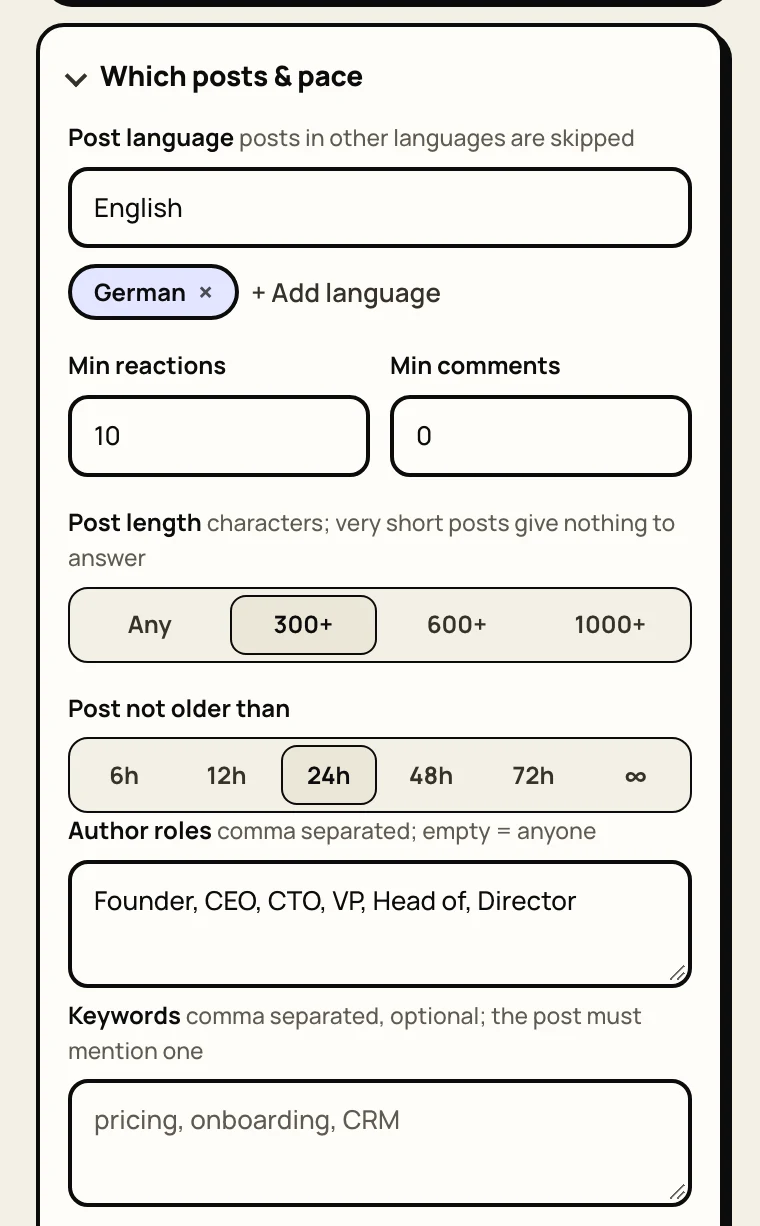 Which posts and pace section with language, minimum reactions, post length, post age, author roles and keywords