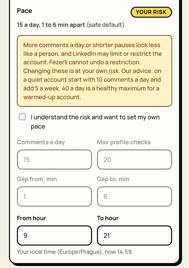 Pace section with the daily limits, the risk warning and the working hours