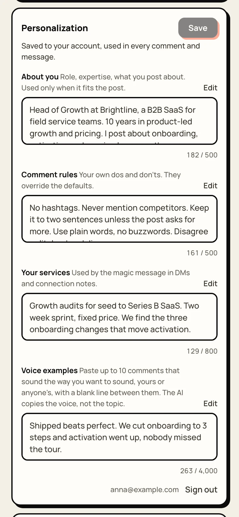 The Personalization card with About you, Comment rules, Your services and Voice examples filled in