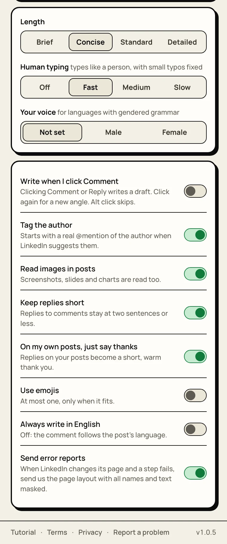 Preferences tab with length, human typing, voice gender and the on and off switches