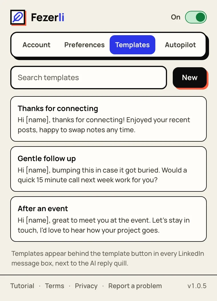 Templates tab with three saved message templates