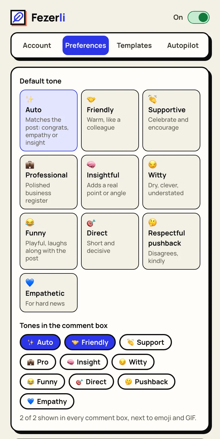 Preferences tab with ten tone cards and the two tones pinned in the comment box